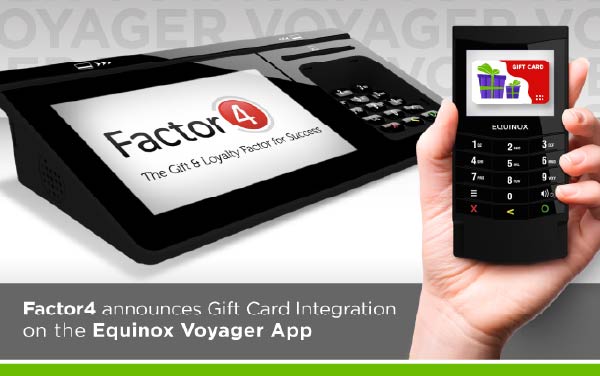 Factor4 Announces Gift Card Integration on Equinox Payments’ Voyager App